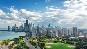 Chicago skyline aerial drone view from above, lake Michigan and city of Chicago downtown skyscrapers cityscape from Lincoln park, Illinois, USA